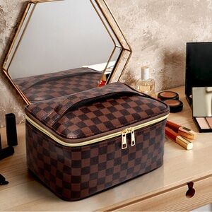 Brown checkered makeup bag